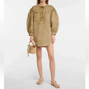 Ulla Johnson Wesley‎ Cotton Denim Tunic Mini Dress 0 Oasis Khaki Balloon Sleeve